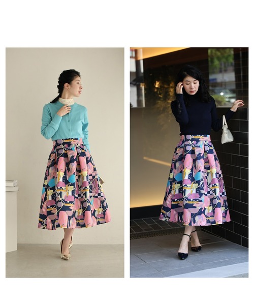 再入荷11月29日 （紺）アーティスティックな世界観広がるタックミディアムスカート cawaii wkj00259 S~L対応 後ろゴム ふんわり 光沢感 総柄 ネイビー オシャレ 個性的 大人可愛い エレガント 上品 春 秋服 秋物 冬服 冬物 レディース ファッション ミセス 30代 40代 50代 紺）アーティスティックな世界観広がるタックミディアムスカート