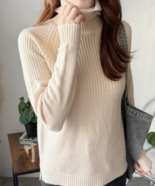 セール】すっきり見えてあたたかい◎ハイネックリブ切替長袖ニット