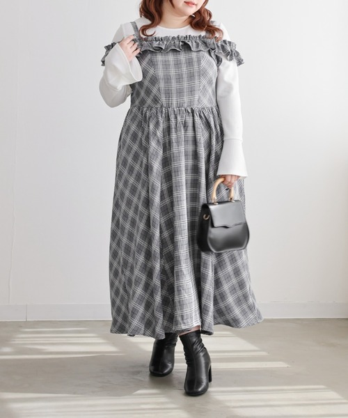 ハンドメイド　グレー×イエロー起毛チェック　フリル付きノーカラー前開きワンピ CLETTEオリジナル2WAYフリルチェック柄ワンピース（ワンピース