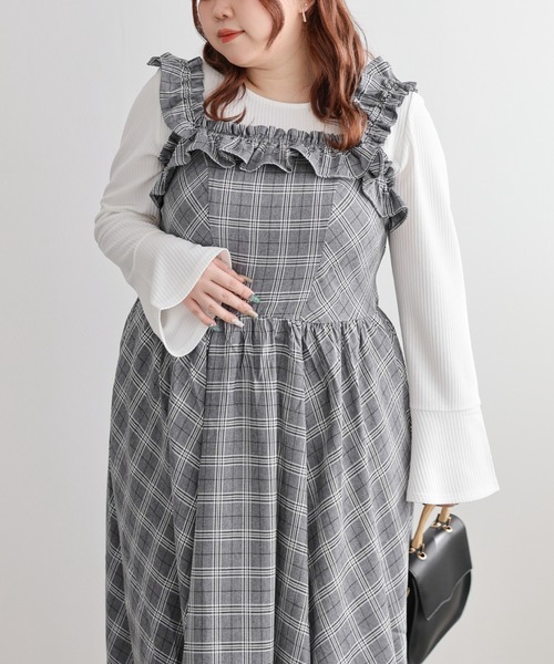 CLETTE(クレット)の「CLETTEオリジナル2WAYフリルチェック柄ワンピース(ワンピース・レディース・チャコールグレー/ベージュ/ブラウン・LL/3L/4L)」の7枚目の写真