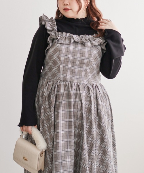 CLETTE(クレット)の「CLETTEオリジナル2WAYフリルチェック柄ワンピース(ワンピース・レディース・チャコールグレー/ベージュ/ブラウン・LL/3L/4L)」の12枚目の写真