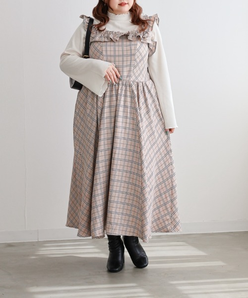 CLETTE(クレット)の「CLETTEオリジナル2WAYフリルチェック柄ワンピース(ワンピース・レディース・チャコールグレー/ベージュ/ブラウン・LL/3L/4L)」の15枚目の写真