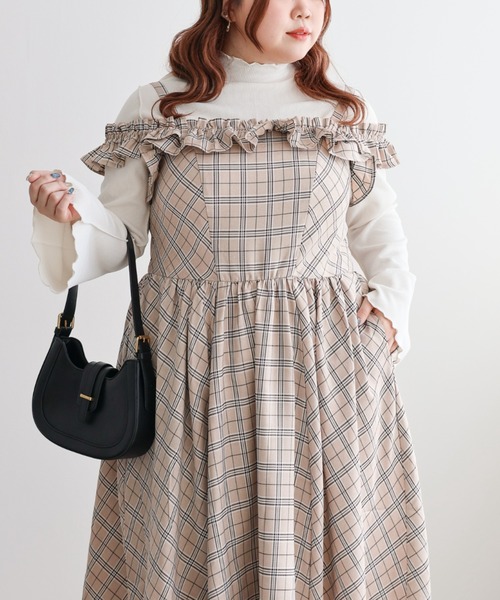 CLETTE(クレット)の「CLETTEオリジナル2WAYフリルチェック柄ワンピース(ワンピース・レディース・チャコールグレー/ベージュ/ブラウン・LL/3L/4L)」の18枚目の写真