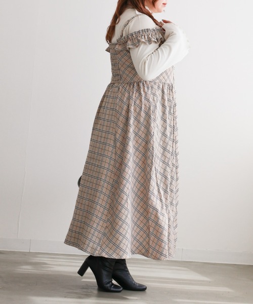 CLETTE(クレット)の「CLETTEオリジナル2WAYフリルチェック柄ワンピース(ワンピース・レディース・チャコールグレー/ベージュ/ブラウン・LL/3L/4L)」の16枚目の写真