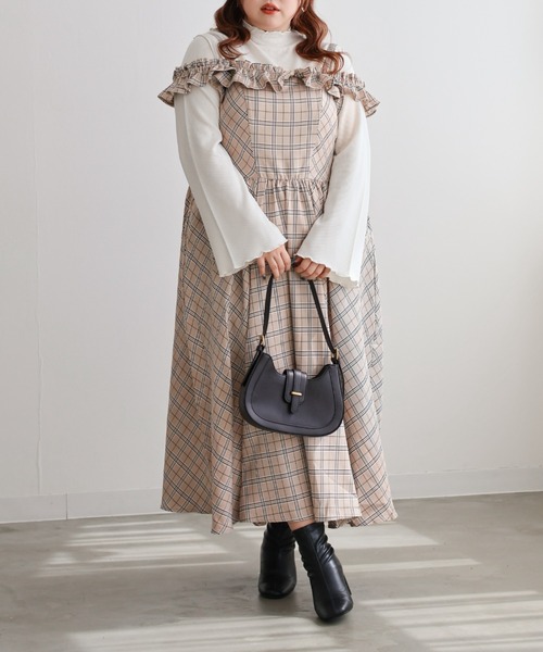 CLETTE(クレット)の「CLETTEオリジナル2WAYフリルチェック柄ワンピース(ワンピース・レディース・チャコールグレー/ベージュ/ブラウン・LL/3L/4L)」の14枚目の写真