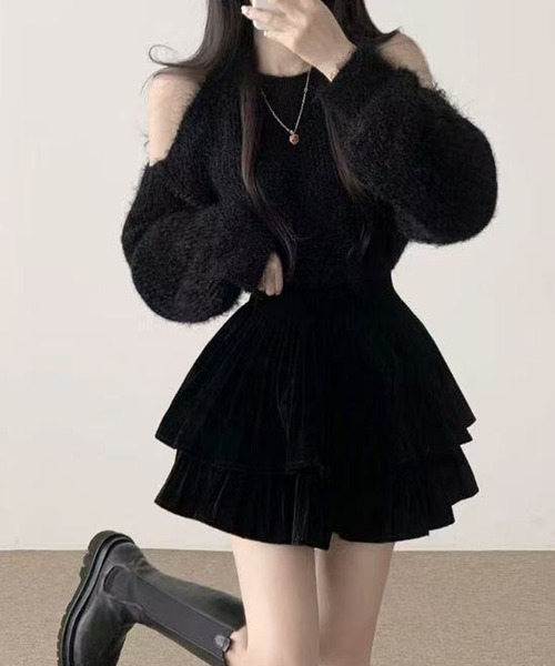 glamlips グラムリップス　Open-shoulder ニットトップス　黒 セール】オープンショルダーニットトップス（ニット/セーター