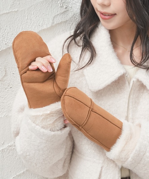 Honeys（ハニーズ）の「【ハニぽか・抗菌防臭・吸湿発熱】フェイクムートン手袋（手袋・レディース・ベージュ/キャメル・FREE）」の7枚目の写真