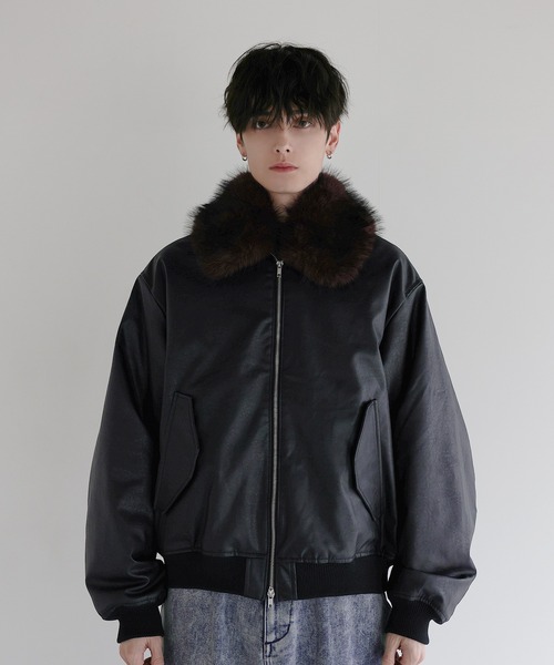 LILL（リル）の「襟ファー2way合皮ジャケット（ブルゾン・メンズ・ブラウン/ブラック・S/M/L/XL）」の3枚目の写真