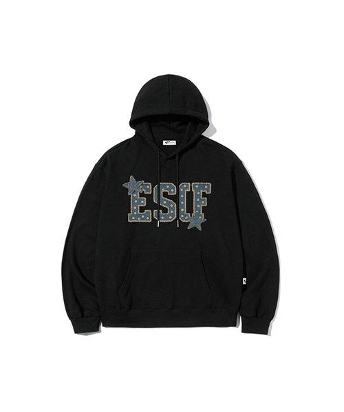 ESCAPEFROM（エスケープフロム）の「スターデニムパッチプリントフードパーカー [3色]（パーカー・レディース・ブラック系1/ライトグレー/ブラック系2/アッシュグレー/ブラック・MEDIUM/LARGE/X-LARGE/M1/L1/L2/M2/XL）」の3枚目の写真