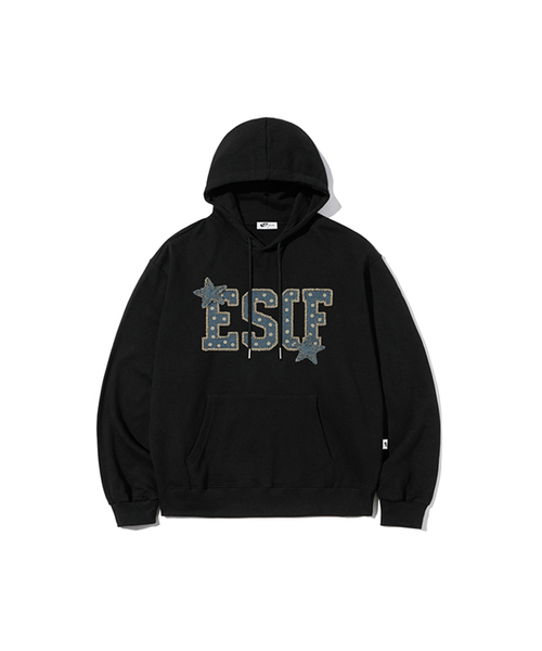 ESCAPEFROM（エスケープフロム）の「スターデニムパッチプリントフードパーカー [3色]（パーカー・レディース・ブラック系1/ライトグレー/ブラック系2/アッシュグレー/ブラック・MEDIUM/LARGE/X-LARGE/M1/L1/L2/M2/XL）」の2枚目の写真