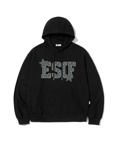 ESCAPEFROM（エスケープフロム）の「スターデニムパッチプリントフードパーカー [3色]（パーカー・レディース・ブラック系1/ライトグレー/ブラック系2/アッシュグレー/ブラック・MEDIUM/LARGE/X-LARGE/M1/L1/L2/M2/XL）」の6枚目の写真