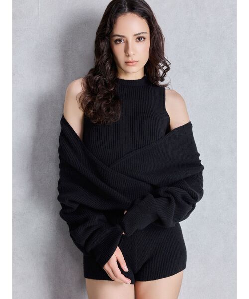 GYDA（ジェイダ）の「アームギャザーレイヤードニットロンパース（つなぎ/オールインワン・レディース・ブラック/チャコールグレー・FREE）」の2枚目の写真