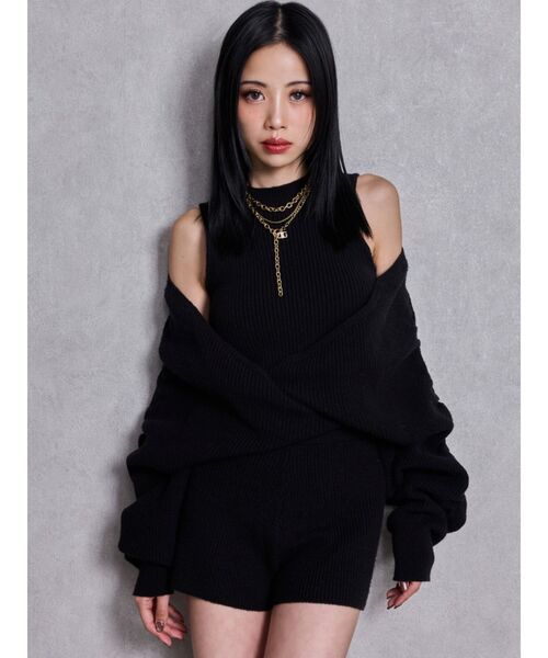 GYDA（ジェイダ）の「アームギャザーレイヤードニットロンパース（つなぎ/オールインワン・レディース・ブラック/チャコールグレー・FREE）」の2枚目の写真