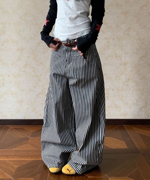 セール】ストライプ柄ワイドパンツ / ボリュームシルエット（デニム