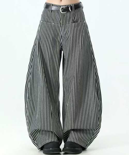 セール】ストライプ柄ワイドパンツ / ボリュームシルエット（デニム