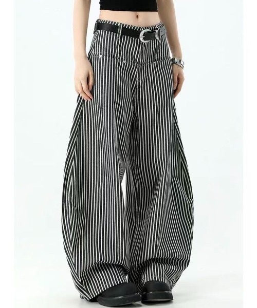 セール】ストライプ柄ワイドパンツ / ボリュームシルエット（デニム