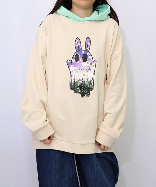 ScoLar Parity（スカラーパリティ）の「361107：お花おばけウサギの配色裏毛パーカー（パーカー・レディース・ブラック/グリーン/アイボリー・M）」の2枚目の写真