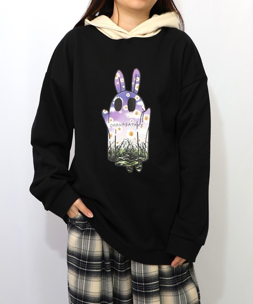 ScoLar Parity（スカラーパリティ）の「361107：お花おばけウサギの配色裏毛パーカー（パーカー・レディース・ブラック/グリーン/アイボリー・M）」の3枚目の写真