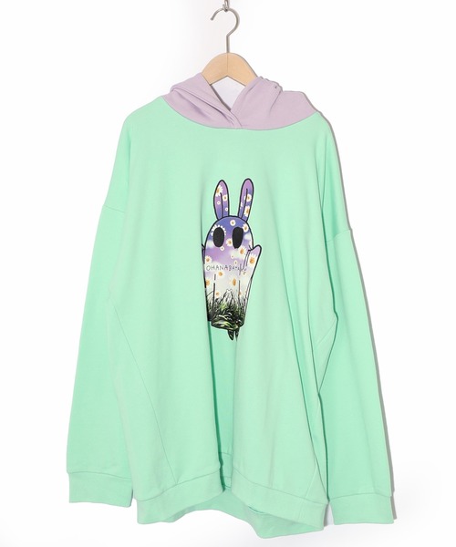 ScoLar Parity（スカラーパリティ）の「361107：お花おばけウサギの配色裏毛パーカー（パーカー・レディース・ブラック/グリーン/アイボリー・M）」の6枚目の写真