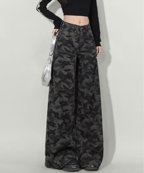 kirakiraShop（キラキラショップ）の「カモフラ柄 ワイド ストレート パンツ（その他パンツ・レディース・ブラック・L/M/S）」の10枚目の写真