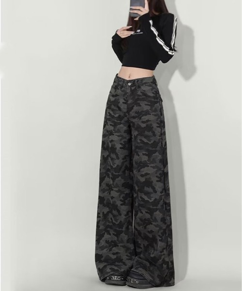 kirakiraShop（キラキラショップ）の「カモフラ柄 ワイド ストレート パンツ（その他パンツ・レディース・ブラック・L/M/S）」の4枚目の写真