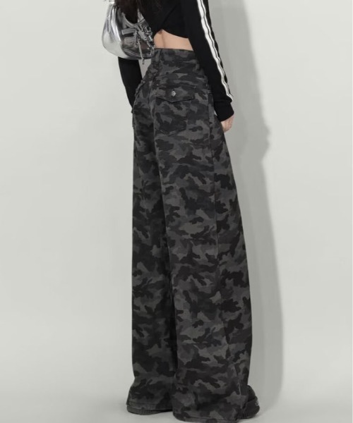 kirakiraShop（キラキラショップ）の「カモフラ柄 ワイド ストレート パンツ（その他パンツ・レディース・ブラック・L/M/S）」の8枚目の写真