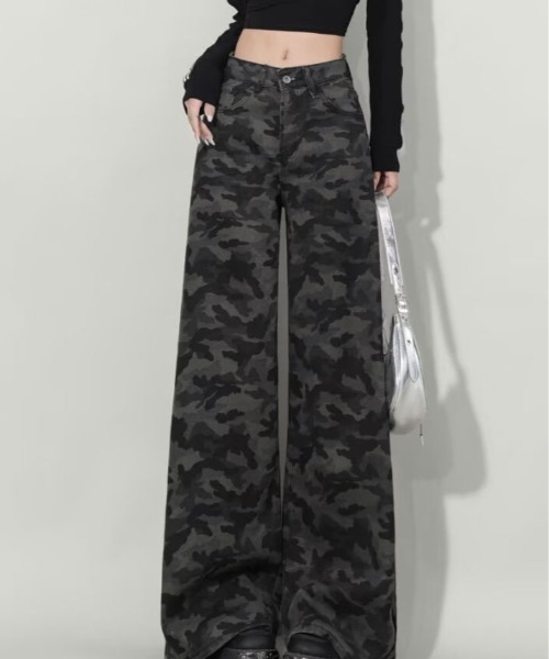 kirakiraShop（キラキラショップ）の「カモフラ柄 ワイド ストレート パンツ（その他パンツ・レディース・ブラック・L/M/S）」の11枚目の写真