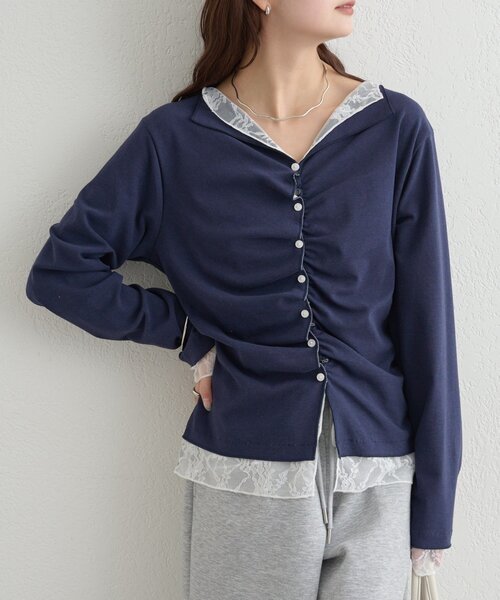 mystic(ミスティック)の「【新色ブラック/2種類のレイヤード素材】配色カットソー(Tシャツ/カットソー・レディース・ネイビー/イエロー/グレー/チャコールグレー/ブラック・FREE)」の4枚目の写真