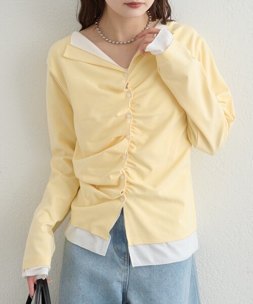 mystic(ミスティック)の「【新色ブラック/2種類のレイヤード素材】配色カットソー(Tシャツ/カットソー・レディース・ネイビー/イエロー/グレー/チャコールグレー/ブラック・FREE)」の5枚目の写真