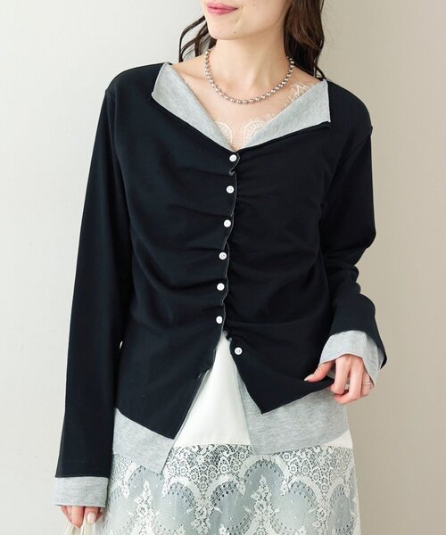 mystic(ミスティック)の「【新色ブラック/2種類のレイヤード素材】配色カットソー(Tシャツ/カットソー・レディース・ネイビー/イエロー/グレー/チャコールグレー/ブラック・FREE)」の2枚目の写真