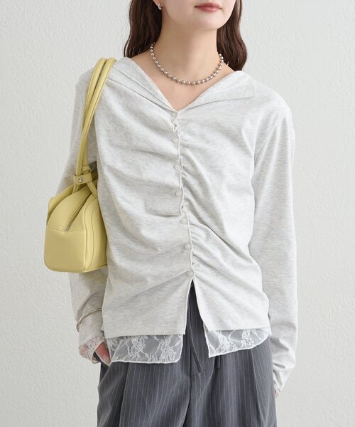 mystic（ミスティック）の「【新色ブラック/2種類のレイヤード素材】配色カットソー（Tシャツ/カットソー・レディース・ネイビー/イエロー/グレー/チャコールグレー/ブラック/ピンク・FREE）」の8枚目の写真