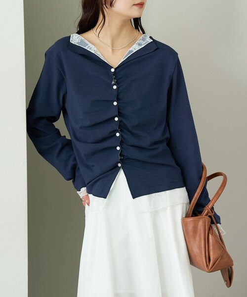 mystic(ミスティック)の「【新色ブラック/2種類のレイヤード素材】配色カットソー(Tシャツ/カットソー・レディース・ネイビー/イエロー/グレー/チャコールグレー/ブラック・FREE)」の7枚目の写真