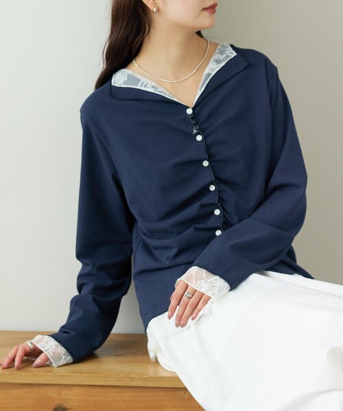 mystic(ミスティック)の「【新色ブラック/2種類のレイヤード素材】配色カットソー(Tシャツ/カットソー・レディース・ネイビー/イエロー/グレー/チャコールグレー/ブラック・FREE)」の8枚目の写真