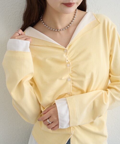 mystic(ミスティック)の「【新色ブラック/2種類のレイヤード素材】配色カットソー(Tシャツ/カットソー・レディース・ネイビー/イエロー/グレー/チャコールグレー/ブラック・FREE)」の10枚目の写真