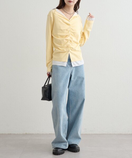 mystic(ミスティック)の「【新色ブラック/2種類のレイヤード素材】配色カットソー(Tシャツ/カットソー・レディース・ネイビー/イエロー/グレー/チャコールグレー/ブラック・FREE)」の12枚目の写真