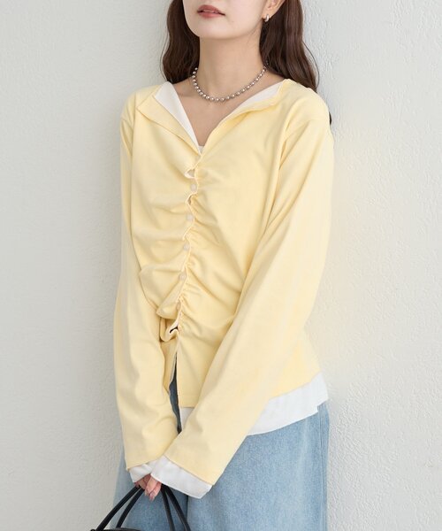 mystic(ミスティック)の「【新色ブラック/2種類のレイヤード素材】配色カットソー(Tシャツ/カットソー・レディース・ネイビー/イエロー/グレー/チャコールグレー/ブラック・FREE)」の14枚目の写真