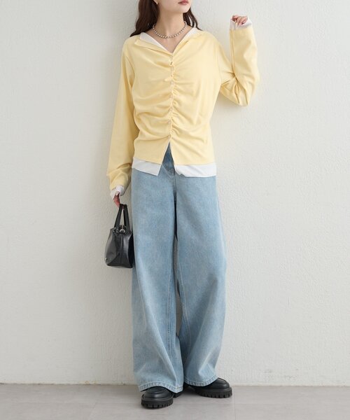 mystic(ミスティック)の「【新色ブラック/2種類のレイヤード素材】配色カットソー(Tシャツ/カットソー・レディース・ネイビー/イエロー/グレー/チャコールグレー/ブラック・FREE)」の17枚目の写真