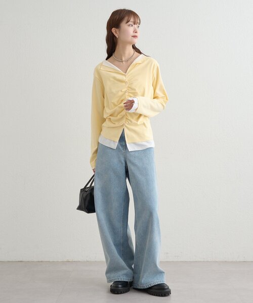 mystic(ミスティック)の「【新色ブラック/2種類のレイヤード素材】配色カットソー(Tシャツ/カットソー・レディース・ネイビー/イエロー/グレー/チャコールグレー/ブラック・FREE)」の20枚目の写真