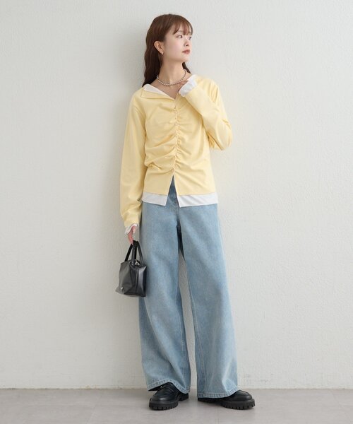 mystic(ミスティック)の「【新色ブラック/2種類のレイヤード素材】配色カットソー(Tシャツ/カットソー・レディース・ネイビー/イエロー/グレー/チャコールグレー/ブラック・FREE)」の21枚目の写真