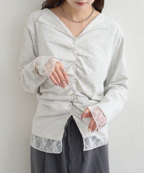 mystic（ミスティック）の「【新色ブラック/2種類のレイヤード素材】配色カットソー（Tシャツ/カットソー・レディース・ネイビー/イエロー/グレー/チャコールグレー/ブラック/ピンク・FREE）」の7枚目の写真