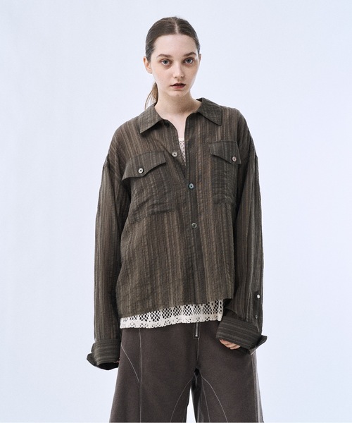 PHILTHEORY(フィルセオリー)の「Stripe sheer shirt / ストライプシアーシャツ(シャツ/ブラウス・メンズ・カーキ/ブラック・1/3/2)」の2枚目の写真