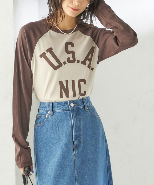 SHIPS（シップス）の「NINE CASE:〈手洗い可能〉シアー ラグラン TEE（Tシャツ/カットソー・レディース・ネイビー/ブラウン・ONE SIZE）」の2枚目の写真