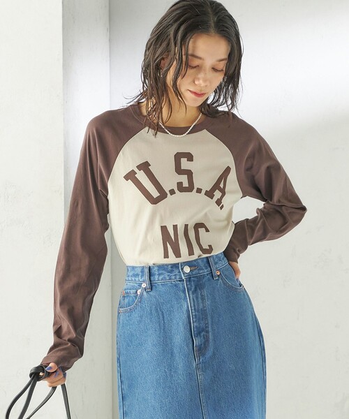 SHIPS（シップス）の「NINE CASE:〈手洗い可能〉シアー ラグラン TEE（Tシャツ/カットソー・レディース・ネイビー/ブラウン・ONE SIZE）」の7枚目の写真