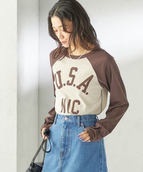 SHIPS（シップス）の「NINE CASE:〈手洗い可能〉シアー ラグラン TEE（Tシャツ/カットソー・レディース・ネイビー/ブラウン・ONE SIZE）」の8枚目の写真