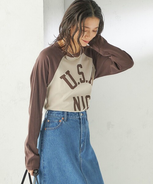 SHIPS（シップス）の「NINE CASE:〈手洗い可能〉シアー ラグラン TEE（Tシャツ/カットソー・レディース・ネイビー/ブラウン・ONE SIZE）」の10枚目の写真