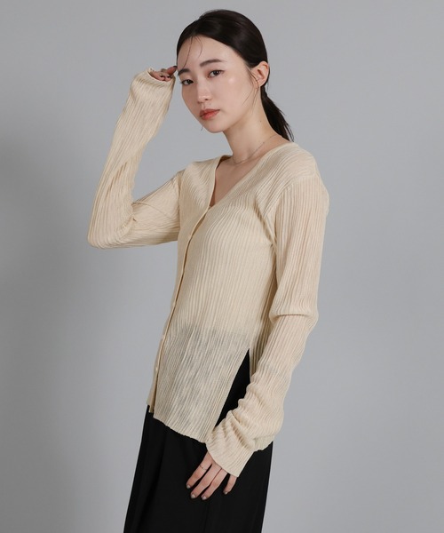 select MOCA Et（セレクトモカエト）の「【Et】Sheer Ribbed Deep Side Slit cardigan（カーディガン/ボレロ・レディース・ブラック/アイボリー/グレー・FREE）」の19枚目の写真