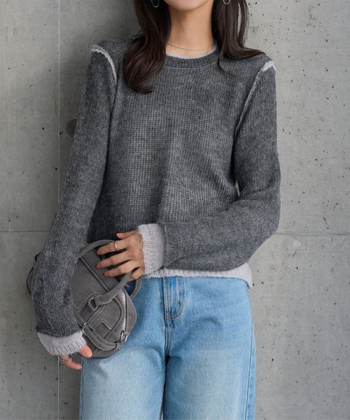 KOBE LETTUCE(コウベレタス)の「モヘアタッチレイヤード風ニットトップス(ニット/セーター・レディース・ピンク/グレー・M)」の3枚目の写真