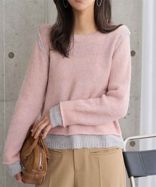 KOBE LETTUCE(コウベレタス)の「モヘアタッチレイヤード風ニットトップス(ニット/セーター・レディース・ピンク/グレー・M)」の7枚目の写真