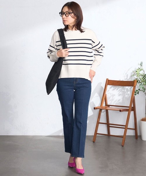 GALLORIA（ギャローリア）の「ボーダー柄ゆるニット（ニット/セーター・レディース・ライトベージュ/ミント/ネイビー・S/M/LL/L）」の3枚目の写真