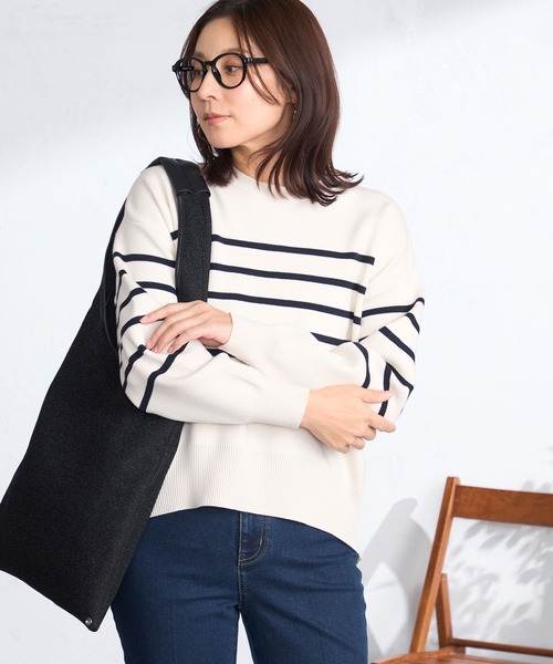 GALLORIA（ギャローリア）の「ボーダー柄ゆるニット（ニット/セーター・レディース・ライトベージュ/ミント/ネイビー・S/M/LL/L）」の7枚目の写真